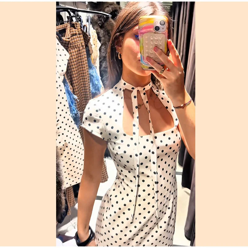 Fashion Polka Dot Mini Dress For Women 2026 Spring Summer Short Sleeve Lace Up Collar Party Dress Lady Bodycon Evening Vestidos