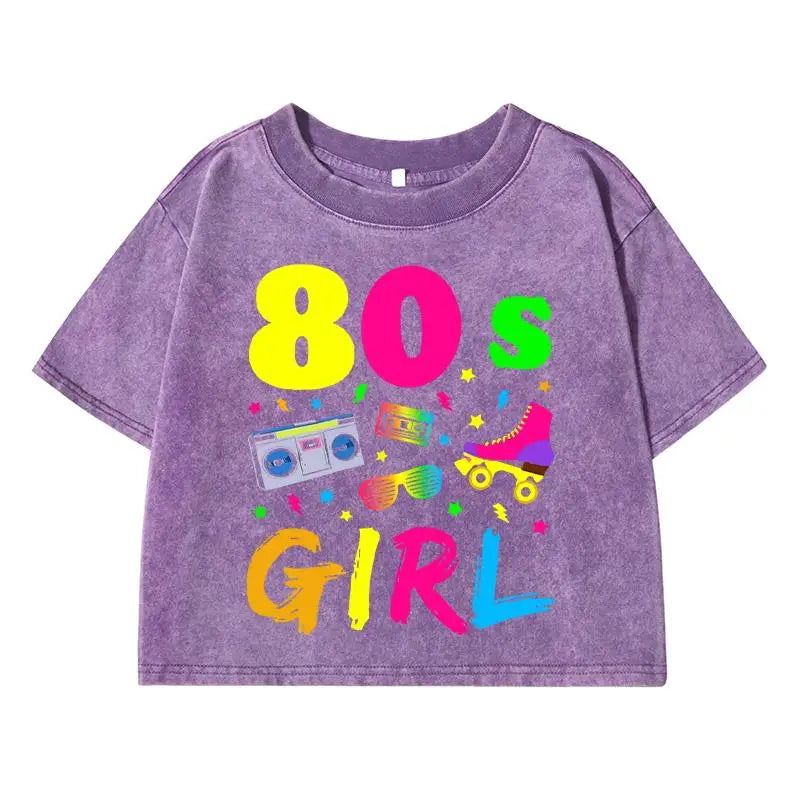 80 S Girl Colorfulprinting Female Washed Short Tshirt Breathable Summer T Shirt Casual Fashion Midriff-Baring Distress Tops