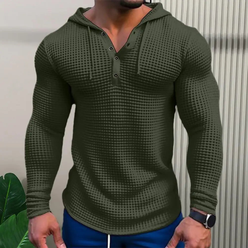 Spring Solid Color Slim Fit Long Sleeved T-shirt, Men's Hooded Breathable Sports Top, Waffle Cotton Casual Long Sleeved Shirt