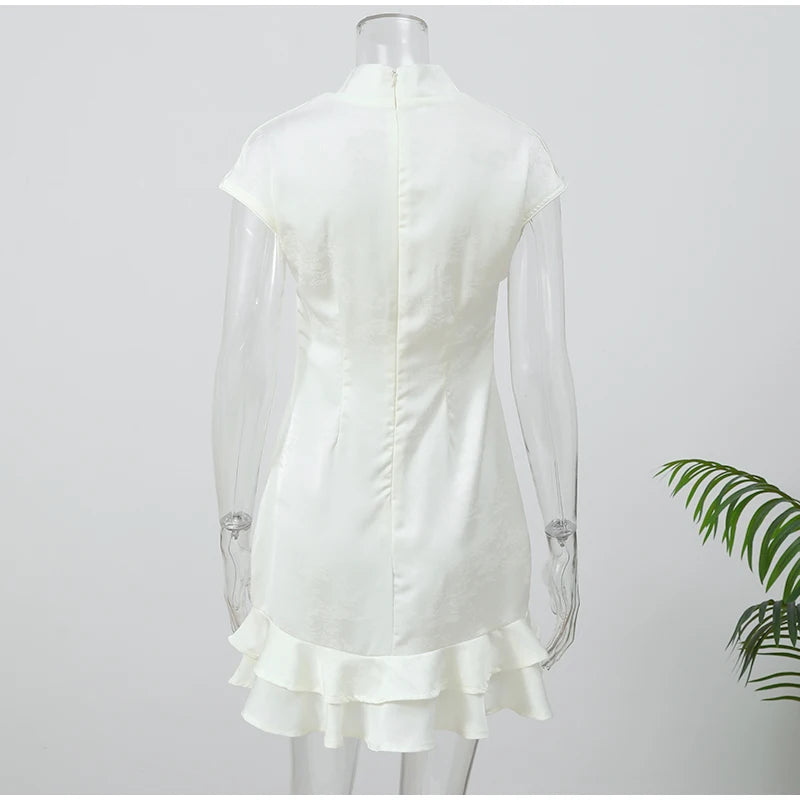 Lady Solid Satin Mini Dress Women Short Sleeve Stand Collar Patchwork Ruffle Draped Dresses Party Dinner Vestido 2026 Elegant