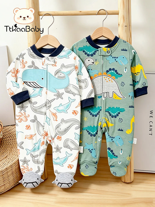 0–12 Months Boys' 2-Piece Romper Set: Cartoon-Printed Double-Zip Crawler Outfit—Convenient Newborn Baby Onesies for Home Use