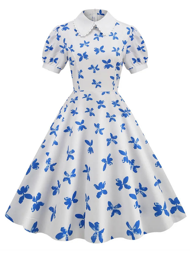 Women Vintage Dress Floral Print Peter pan Collar Elegant Party Dress Puff Short Sleeve Pin Up 50s Party Sundress 3XL
