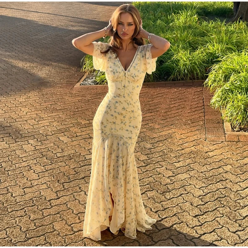 Women Elegant Printed Fishtail Dress Sexy V-neck Short Sleeve Waist-cinching Pleated Slim Maxi Dresses 2026 Lady Vacation Robe