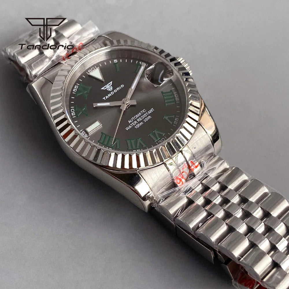 Tandorio Stainless Steel Automatic NH35 36mm/39mm Men's Watch Grey Sunburst Sapphire Roman Marks Mechanical Watches Date Lume