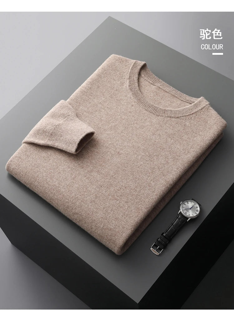 100% Merino Wool Sweater Men's O Neck Pullover Tops One-piece ready-to-wear Autumn Winter Solid Color Sweater Versatile Basic