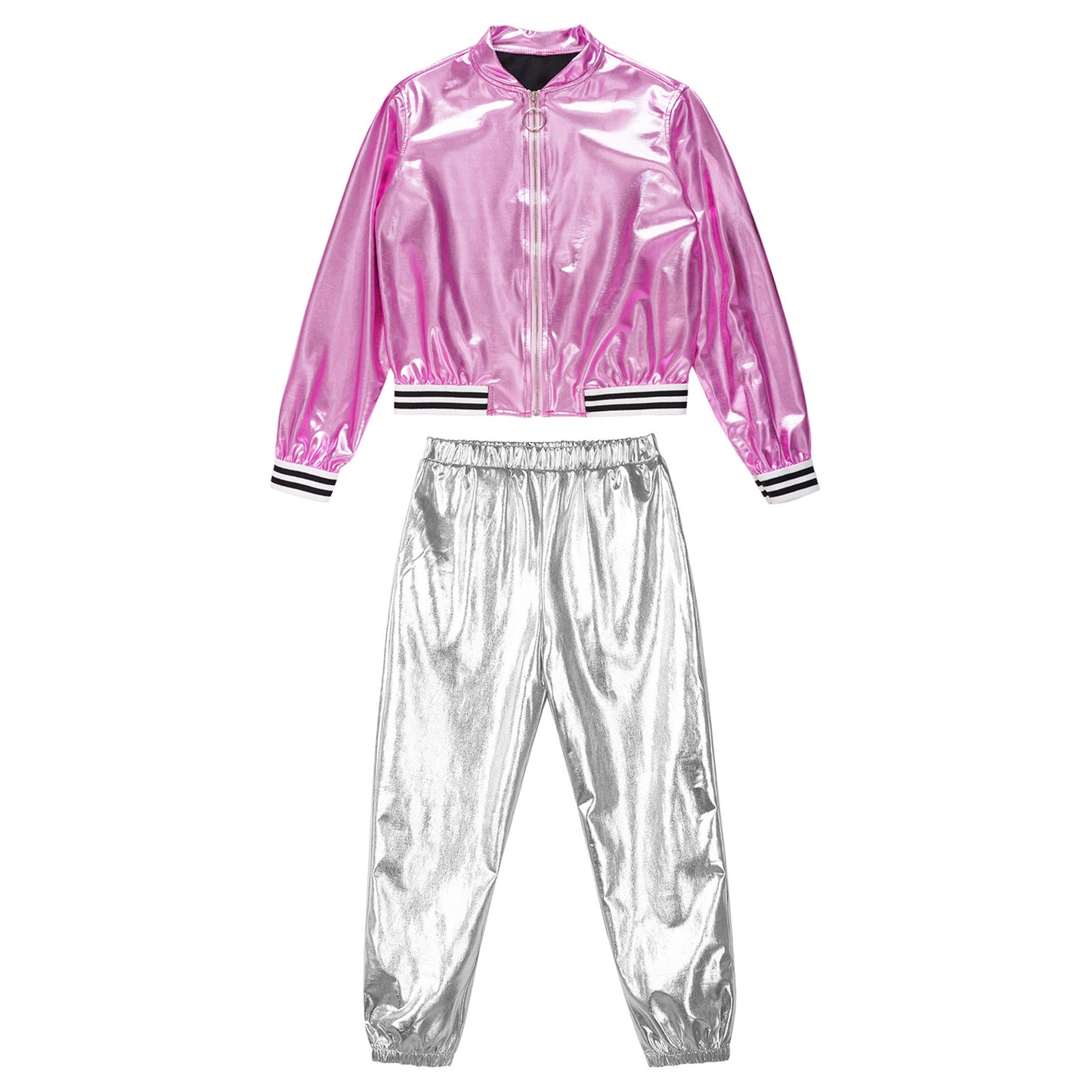 Kids Girls Sports Outfits Jazz Hip Hop Street Dance Costume Shiny Metallic Long Sleeves Bomber Jacket Coat with Pants Streetwear