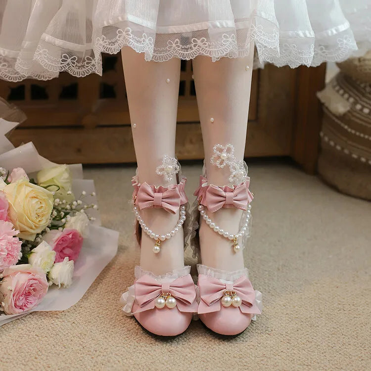 Ochanmeb Sweet Kawaii Girls Lolita Shoes Thick High Heels Cosplay Pumps Bow Knot Pearls Chain Ruffles Lovely Wedding Party Pumps