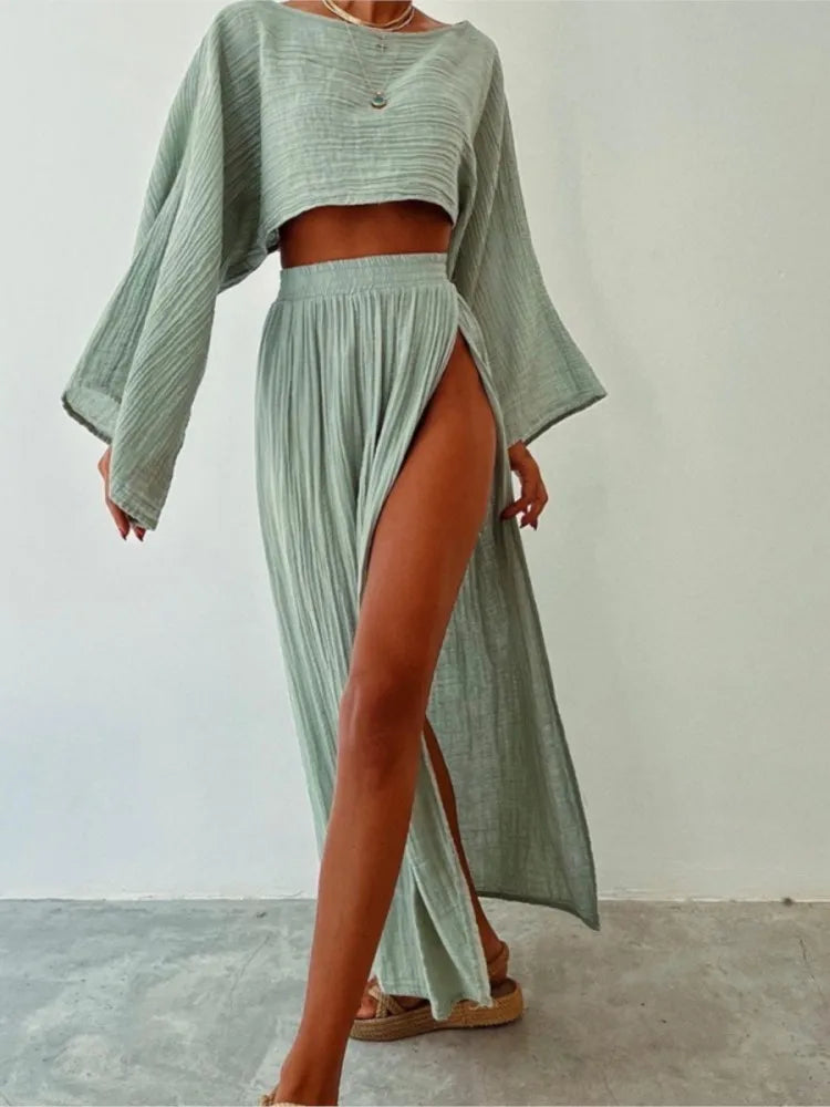 Casual Holiday Style Simple Solid Color Skirt Set Linen Blended Short Top High Waist Chic Split Cotton Linen Two-piece Set