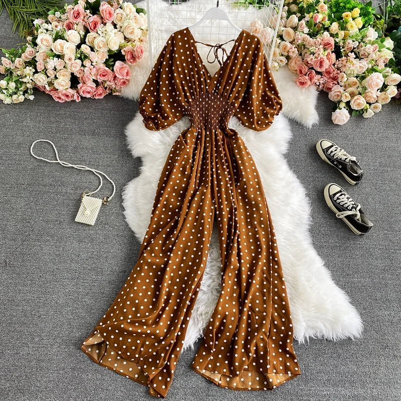 V Neck Sexy Dolman Sleeves Waist Slim Floral Print Jumpsuit Women Wide Leg Trousers Jumpsuit
