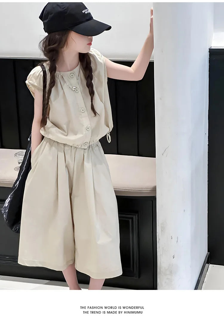 2025 Girls Summer Casual Outfit Big Kids Short Sleeve Top Capris Pants Two Piece Set Matching Big Kids Fashion Suit Holiday Wear