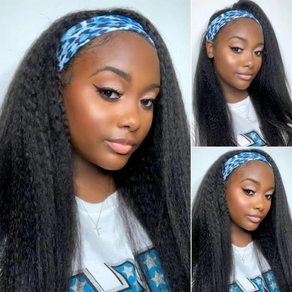 Kinky Straight Headband Wig Remy Human Hair Wig Ready To Wear Peruvian Yaki Straight Headband Isee Human Hair Wig for Women