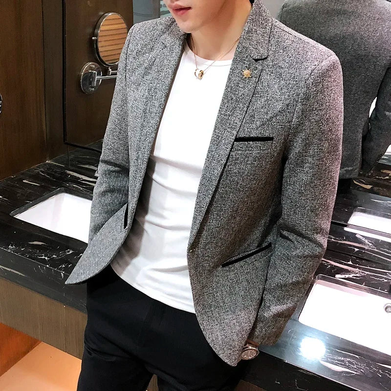 Spring and Autumn New Boutique Japanese Style Print Stand Collar Mens Casual Jacket Slim Male Coat Male Plaid Suit Jacket Blazer