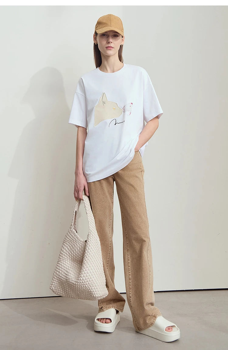 AMII Summer Casual T-shirt for Women 2025 Print Round Neck Short Sleeve Shirts Lady Fashion New Loose Clothes Woman 12522007