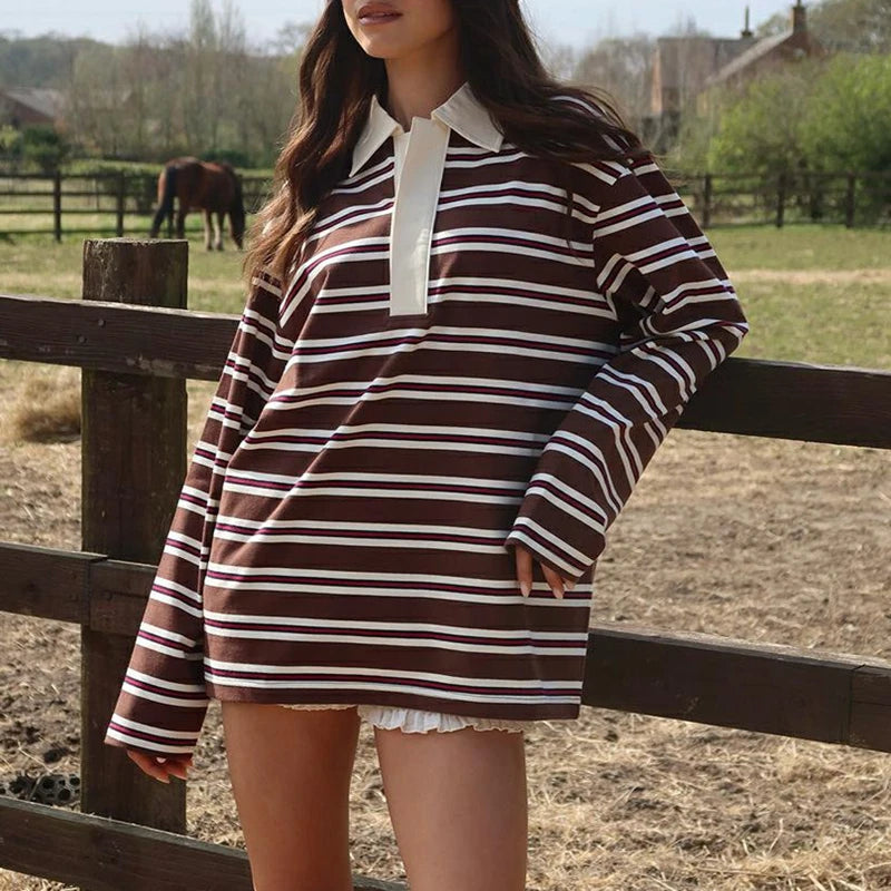 Combhasaki Women Y2K Vintage Retro Sweatshirts Long Sleeve Lapel Button V-Neck Pullover Top Loose Striped Rugby Polo Tee Shirts BAZAARHUBO