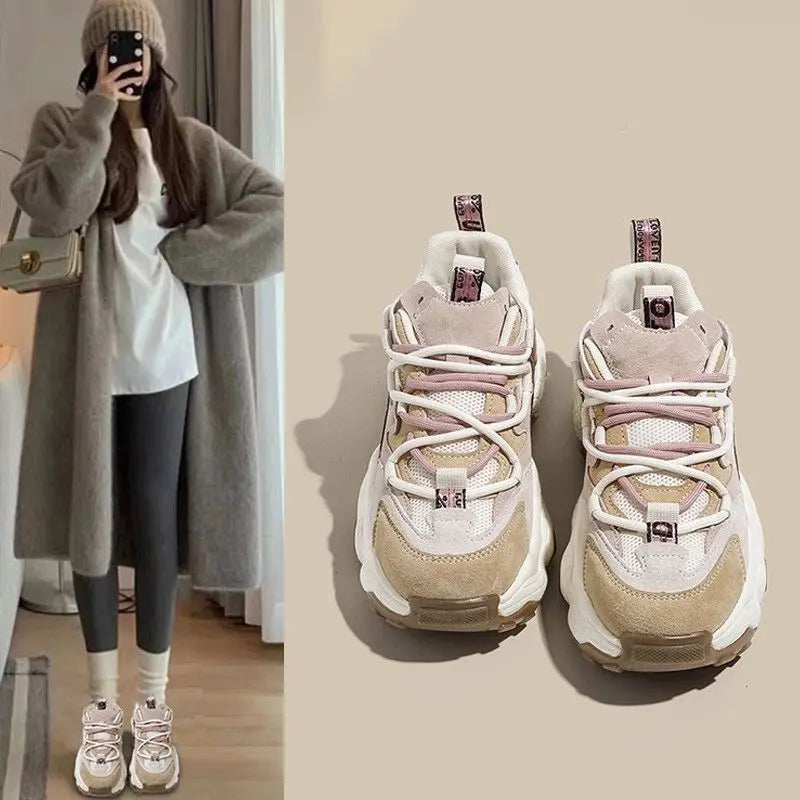 New Women Colored Matsutake Thick Sole Dad Shoes Mesh Breathable Casual Elevated Sports Shoes