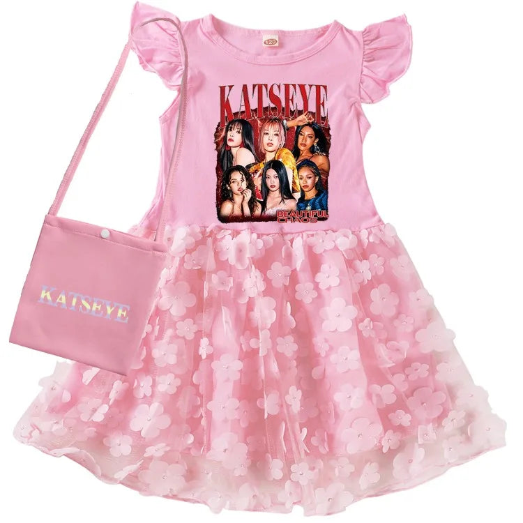 KATSEYE Kpop Clothes Kids Cartoon Summer Dress&bag Baby Girls Fly Sleeve Casual Dresses Girl Sequin Mesh Party Princess Vestidos