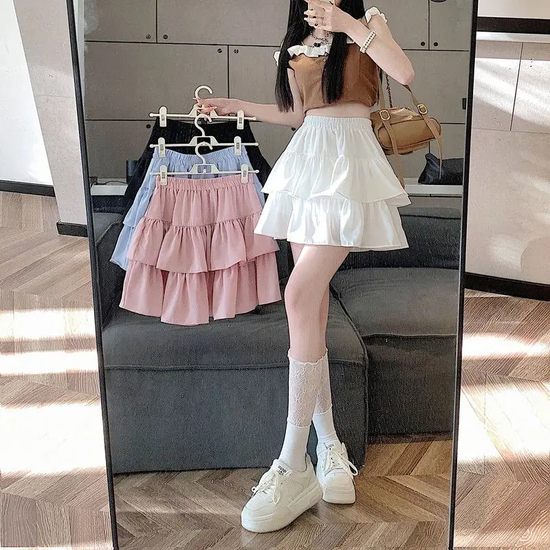 Ruffled Cake Skirts for Women High-waisted A-line Solid All-match Sweet Lovely Girls Korean Style Gentle Spring Kawaii Casual