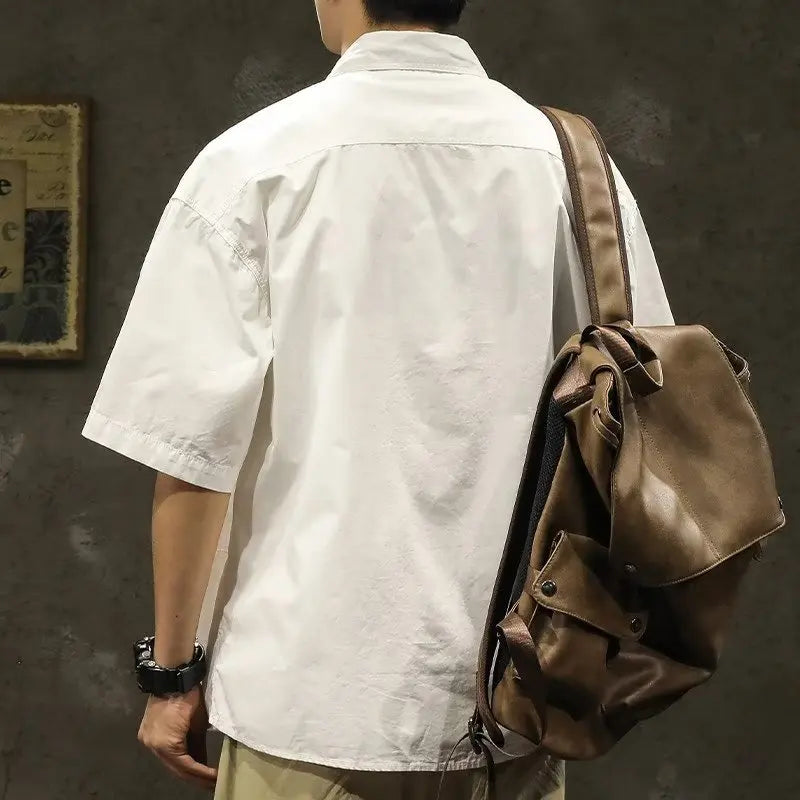 American Casual Short Sleeve Shirt For Men Summer Fashion Comfortable T-shirt 2026 New High Street Plain Lapel blouses hombre