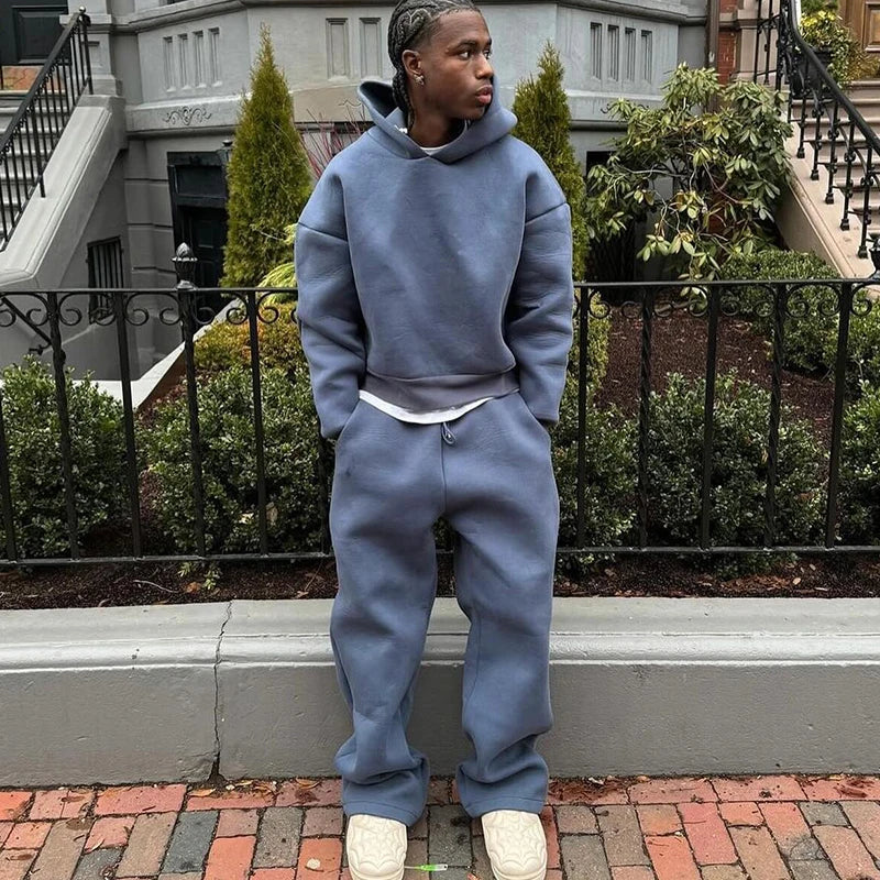 Men's Casual Solid Hooded Pullover Straight Pants 2 Piece Set Tracksuit For Fashion Loose Hoodies Sweatshirt Wide Leg Sweatpants