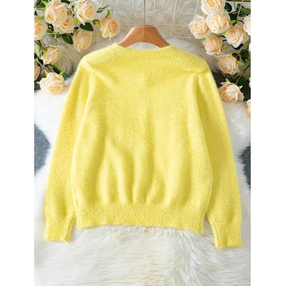 Autumn Winter Fashion Yellow Cardigan Women Heart Button Long Sleeve Knit Sweater Outerwears