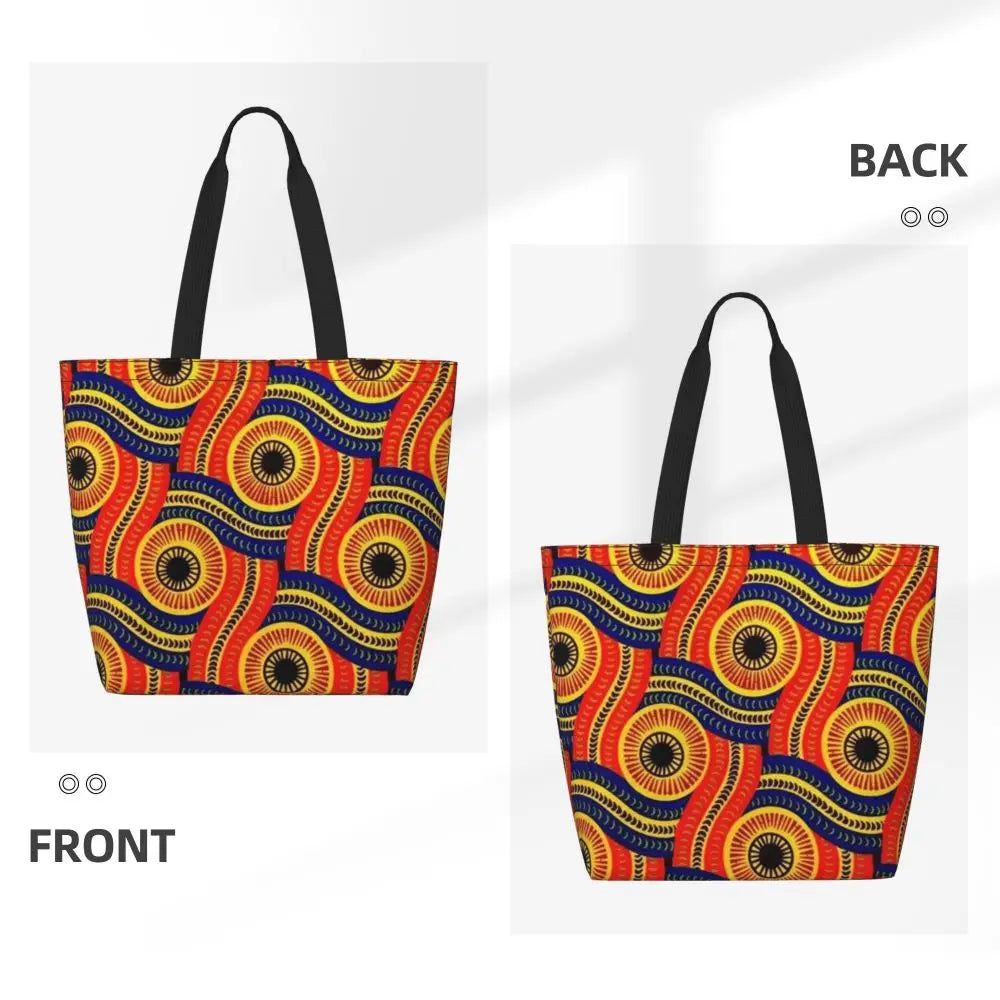 African Ankara Prints Grocery Shopping Tote Bags Women Geometric Ethnic Art Canvas Shoulder Shopper Bags Big Capacity Handbag