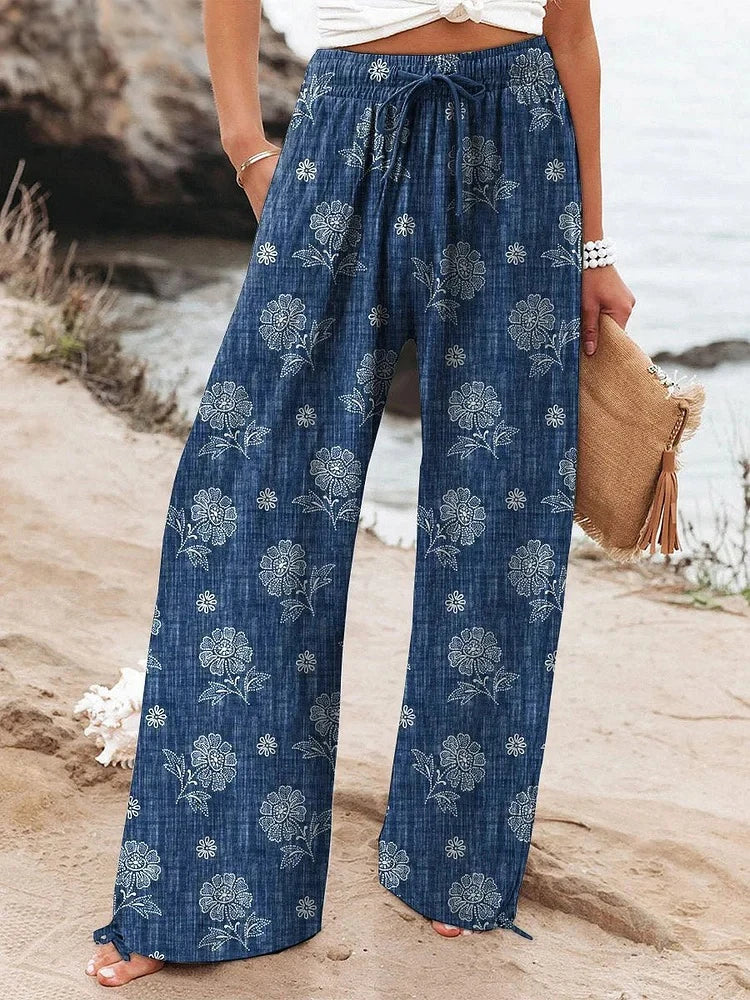 2025 New Women's Drawstring Relaxed-Fit Casual Pants 3D Floral Print Comfortable Breathable Fashionable Wide-Leg Pants