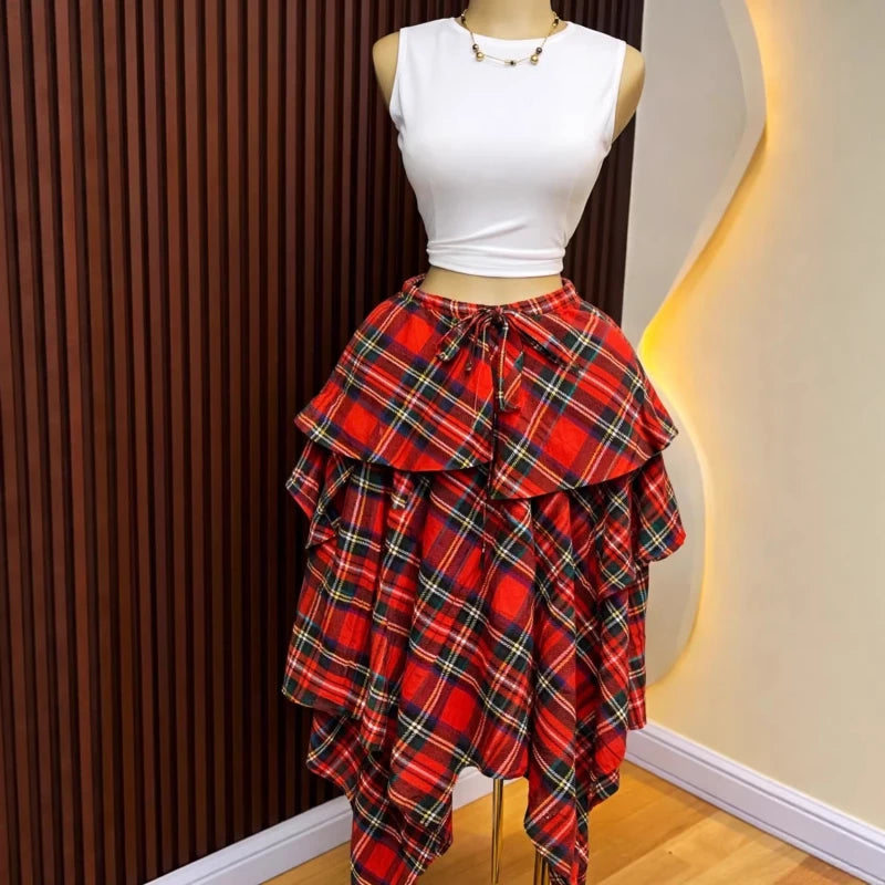 New African Fashion Sweet Checkered Print Skirt Women Summer Streetwear Irregular Patchwork High Waisted Skirt Female Bottoms