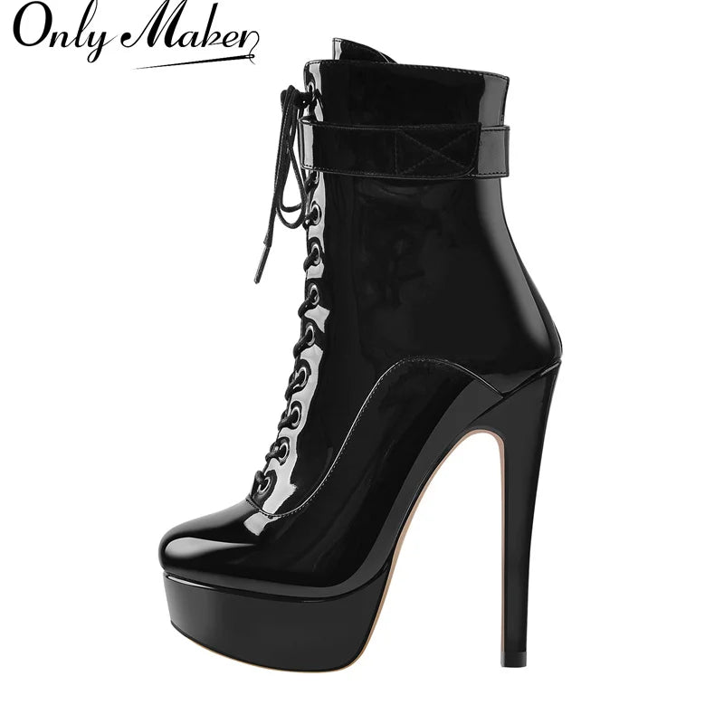 Onlymaker Women Platform Ankle Booties Patent Leather Thin High Heels Lace Up  Size Zip Winter Warm Zipper Boots Shoes