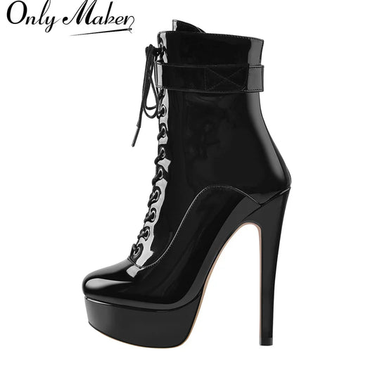 Onlymaker Women Platform Ankle Booties Patent Leather Thin High Heels Lace Up  Size Zip Winter Warm Zipper Boots Shoes