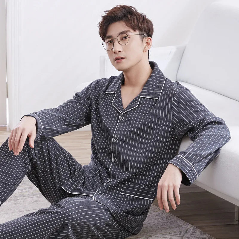 Pajamas for Men Spring and Autumn Long-Sleeved Young Men's Simple Casual Lapel Autumn and Winter Home Wear Set