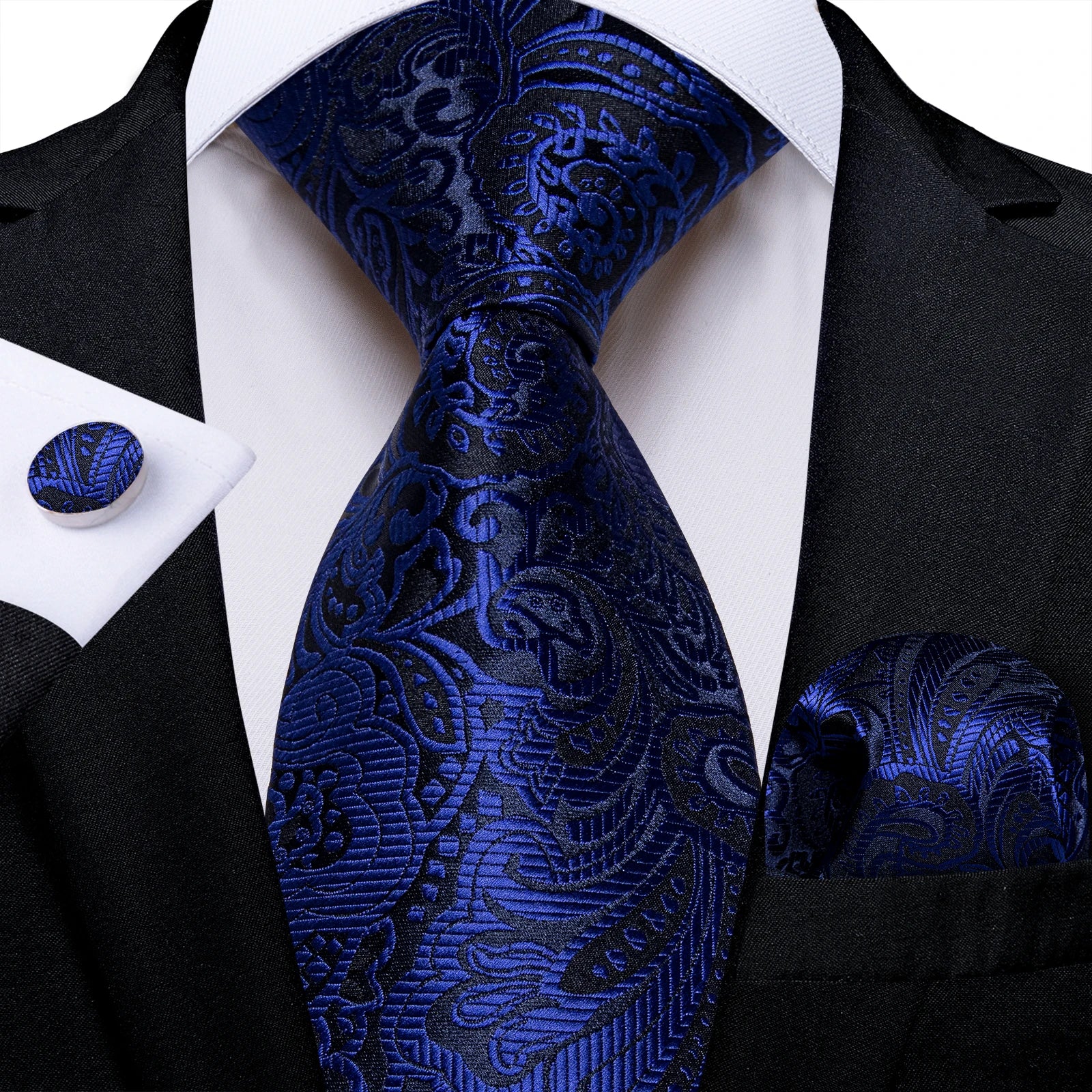 Royal Blue Paisley Plaid Striped Men tie Set with Handkerchief Cufflinks Wedding Prom Groom Accessories Perfect Gift for Men BAZAARHUBO