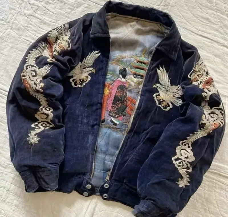 Hip Hop Japan Harajuku Style Jacket Gothic Dragon Pattern Bomber Jackets High Quality Embroidered Y2k Zipper Fleece Lined Coat