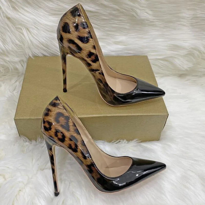 Leopard Patent Leather Women's Pointed Toe Stilettos Sexy Ladies Banquet Slip-On Pumps 8cm 10cm 12cm Party Shoes