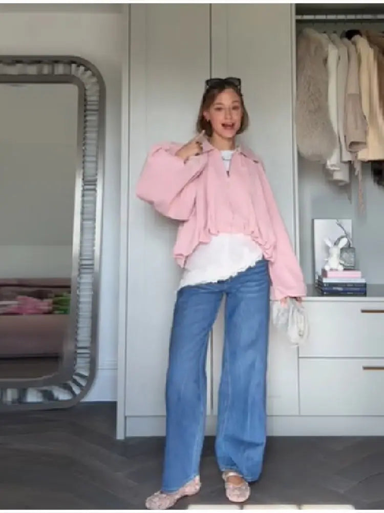 Women's Pink Puff Sleeve Pleated Bomber Jacket Casual Sweet Irregular High Waist Zipper Loose Crop Coat Daily Commute Outerwear