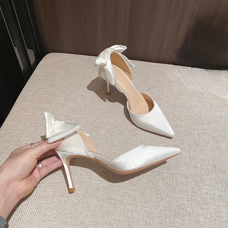 2022 New Solid Color Fashion Design Stiletto Bow Hollow Women's Wedding Shoes Women's Exquisite Shallow Mouth Satin High Heels