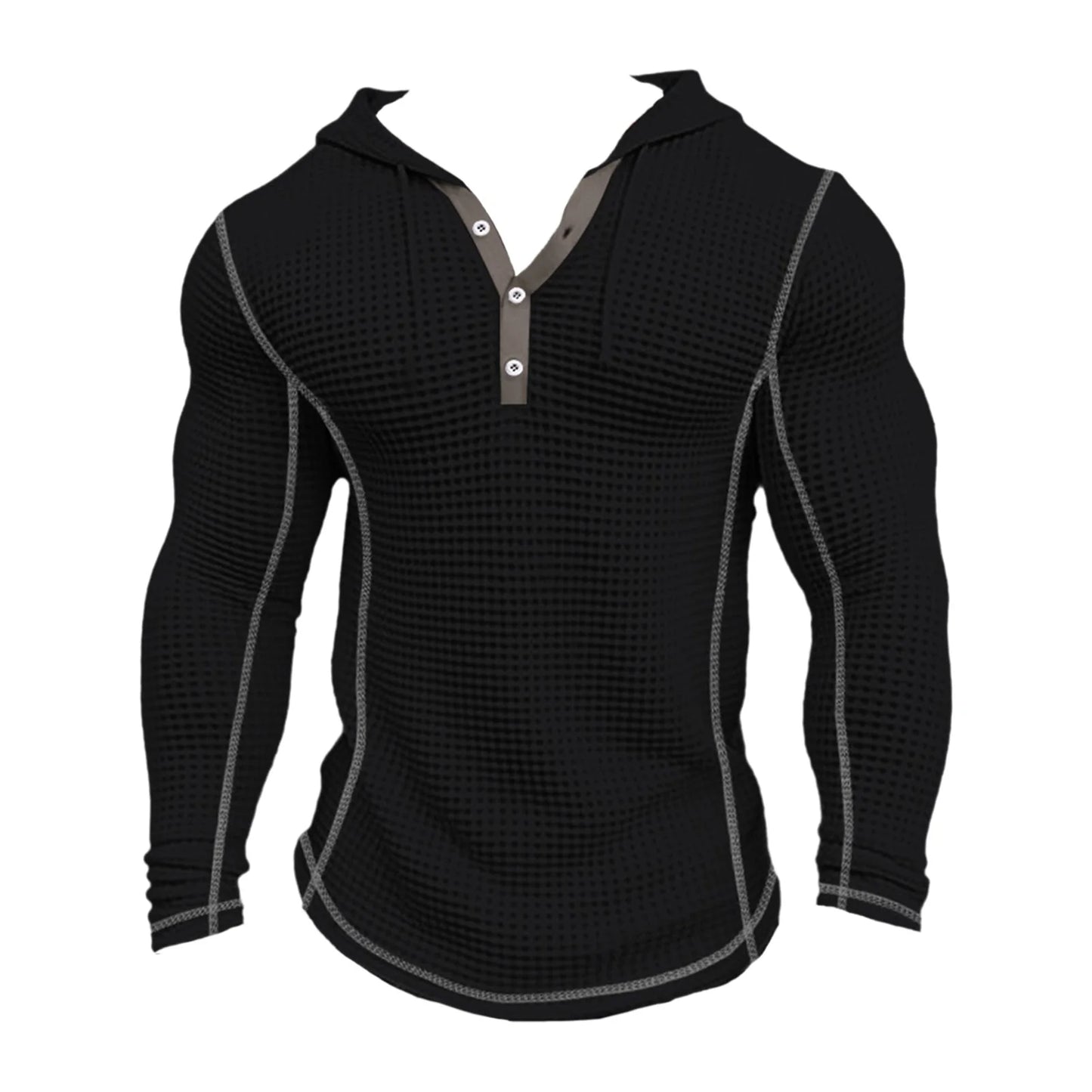Spring Solid Color Slim Fit Long Sleeved T-shirt, Men's Hooded Breathable Sports Top, Waffle Cotton Casual Long Sleeved Shirt
