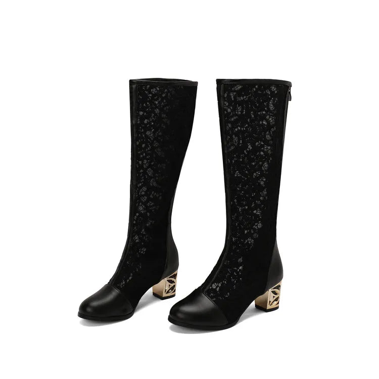 Vintage Hollow Embroider Mesh Surface Knee Length Women's Boot  5.5cm Thick Heel Fashion Women's Boot 34-47 Summer Cool Boots