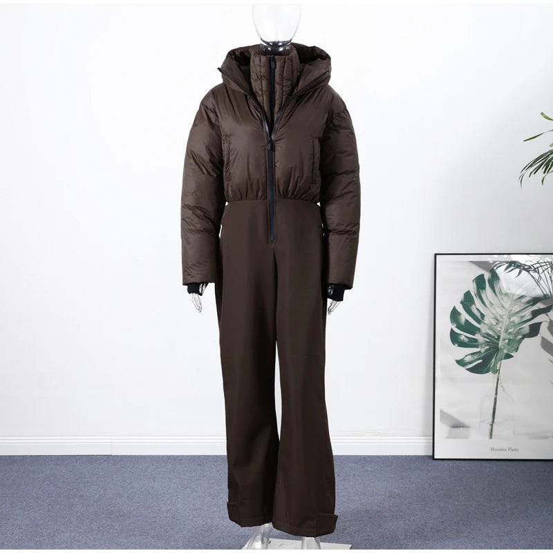 Women  Fur Collar Hooded Skiwear Fashion Solid Thicken Zipper High Waist Slim Outdoor Overalls Jumpsuit  Lady Winter Outwear