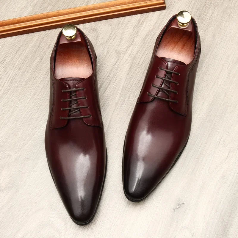 Leather shoes for men, lace up shoes for men, pointy, leather, high-end wedding, dress, Oxford, Lefu shoes, large, British style