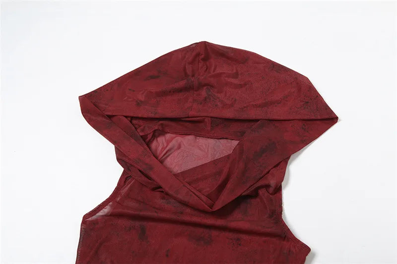 Streetwear 90s Grunge Mesh See Through Hooded Tops Cyber Y2K Irregular Hem Ruffles Hoodie Women Slim Blouse with Cuffs