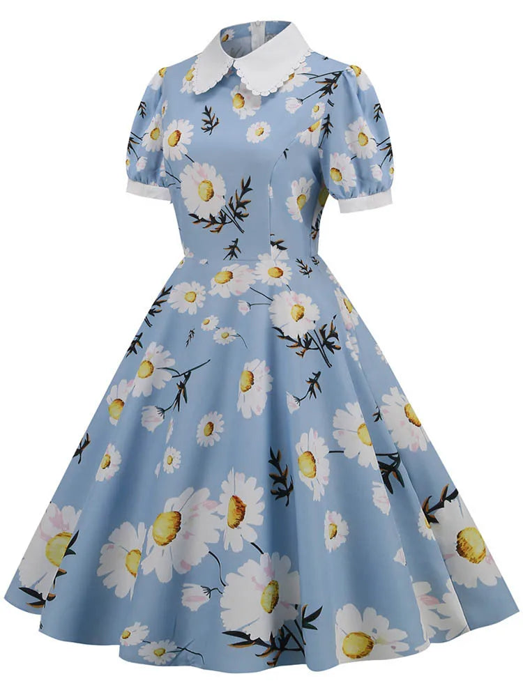 Women Vintage Dress Floral Print Peter pan Collar Elegant Party Dress Puff Short Sleeve Pin Up 50s Party Sundress 3XL