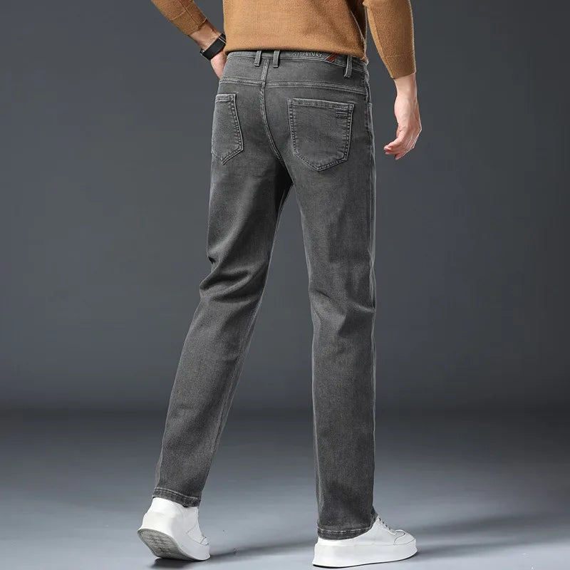 Gray Jeans Men's Fashion Spring Autumn Casual Elastic Trousers Classic Straight Business Work Vintage Washed Denim Pants