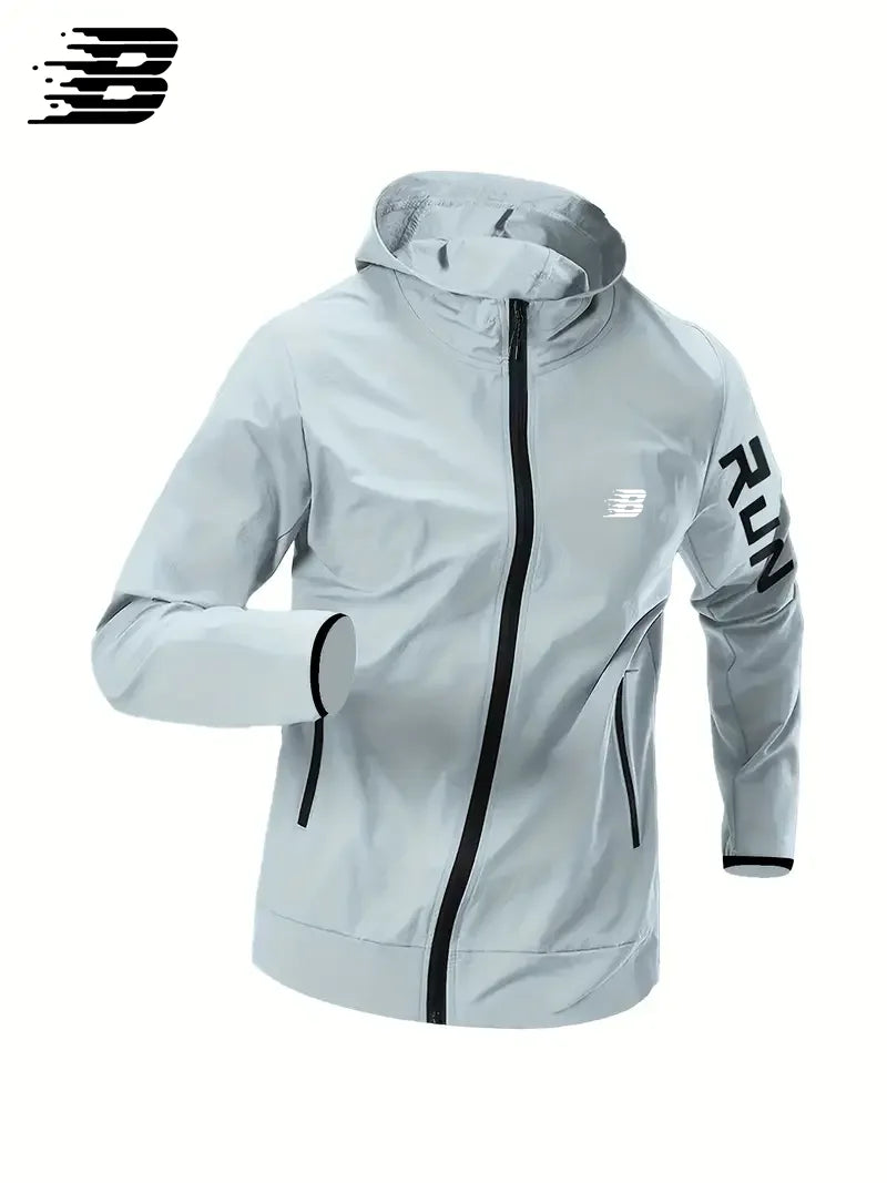 Mens B Run Printed Hooded Windbreaker Lightweight Waterproof Windproof Outdoor Sports Long Sleeve Jacket
