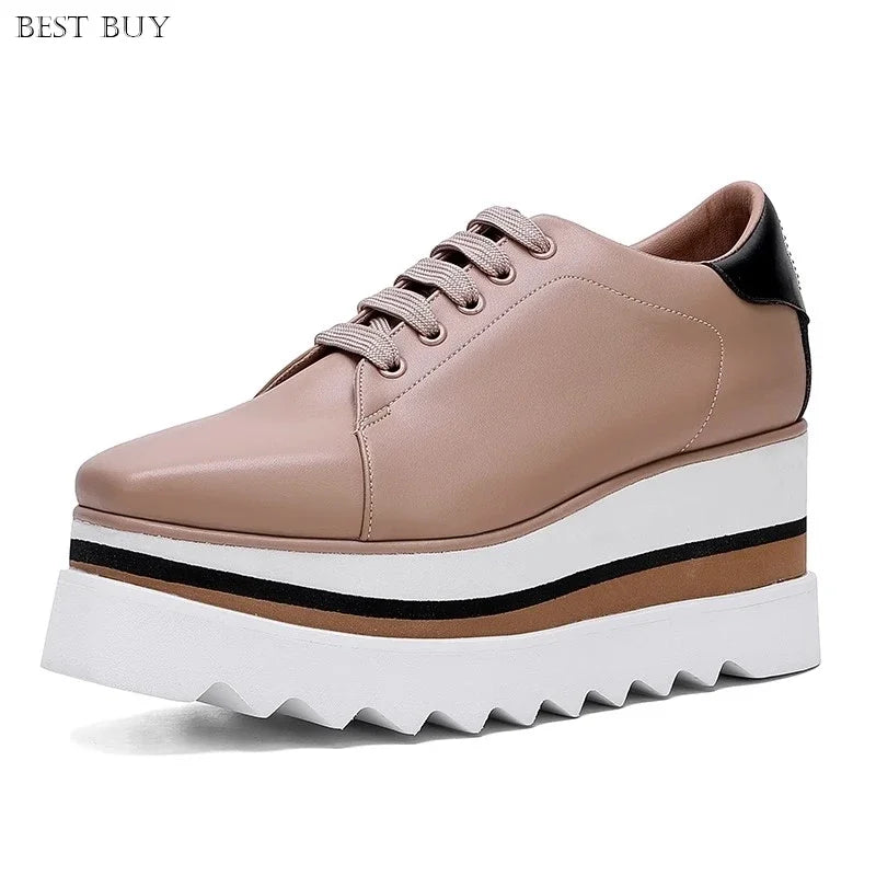 New beige Women Platform Casual Shoes 2024 Spring Black Casual Chunky Sneakers Women Real Leather White Height Increasing Shoes