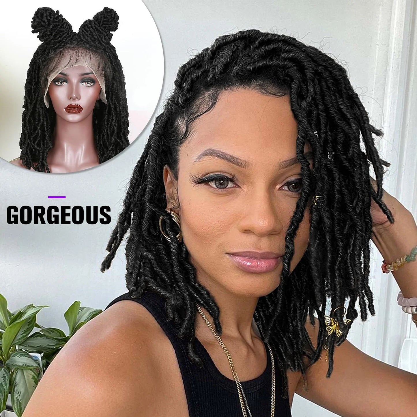 Synthetic Full Lace Front Braid Wig 14inch Curly Faux Locs Black Color Large Parting Space Twist Dreadlock Wigs for Black Women