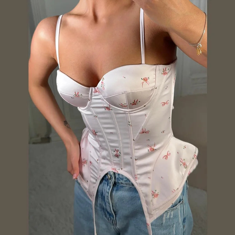 Sexy Print Fishbone Sling Tops Women Bandage Ribbon Patchwork Fitted Corset Female 2026 Summer New Chic Evening Party Tanks Lady