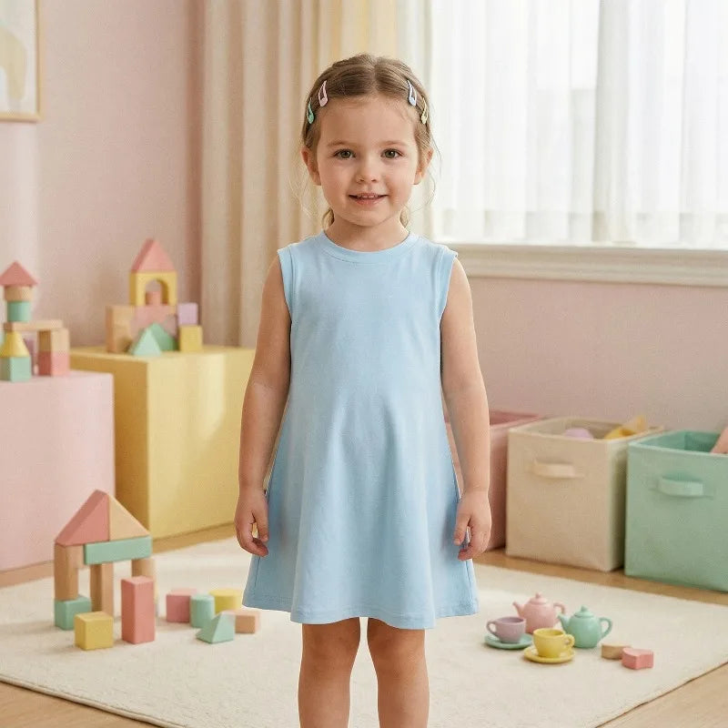 Summer Children Casual Dress Fashion Sky Blue Girls O Neck T Shirt Dresses Kids Outdoor Beach Clothes New Style Sleeveless Dres