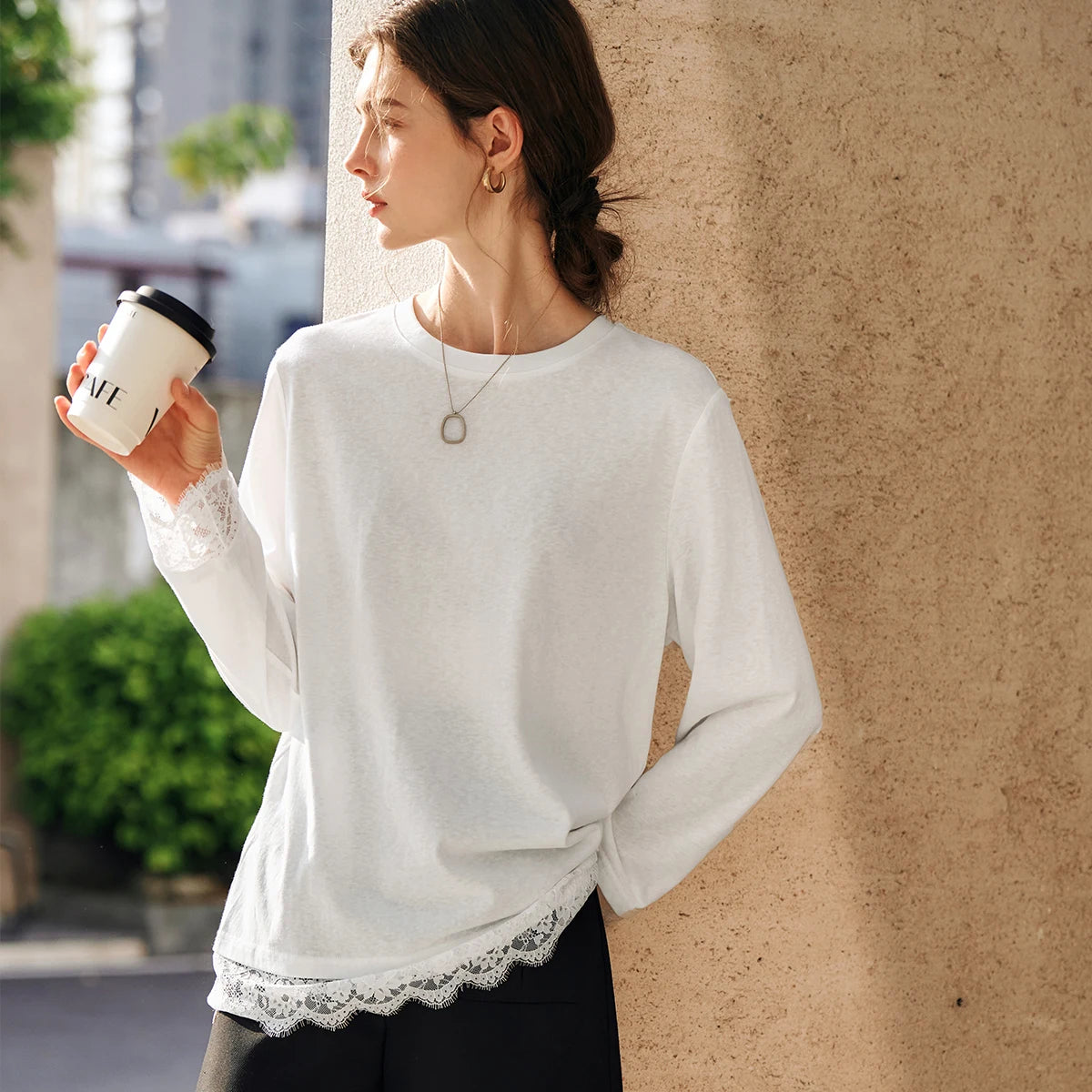 OLrain Cotton White T-shirt Women 2026 Autumn Casual Loose Tee Shirt Crewneck Lace Long Sleeve Tops Woman Clothing N57CT95669