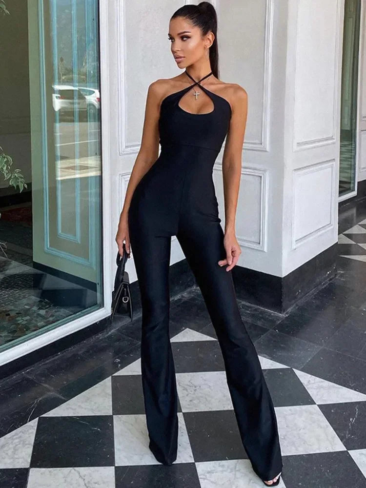 One-Piece Bodysuit Jumpsuit Slim Micro Flare Trousers Fashion Women Clothes Solid-Coloured Lace-Up Jump Suits For Women Cut-Out