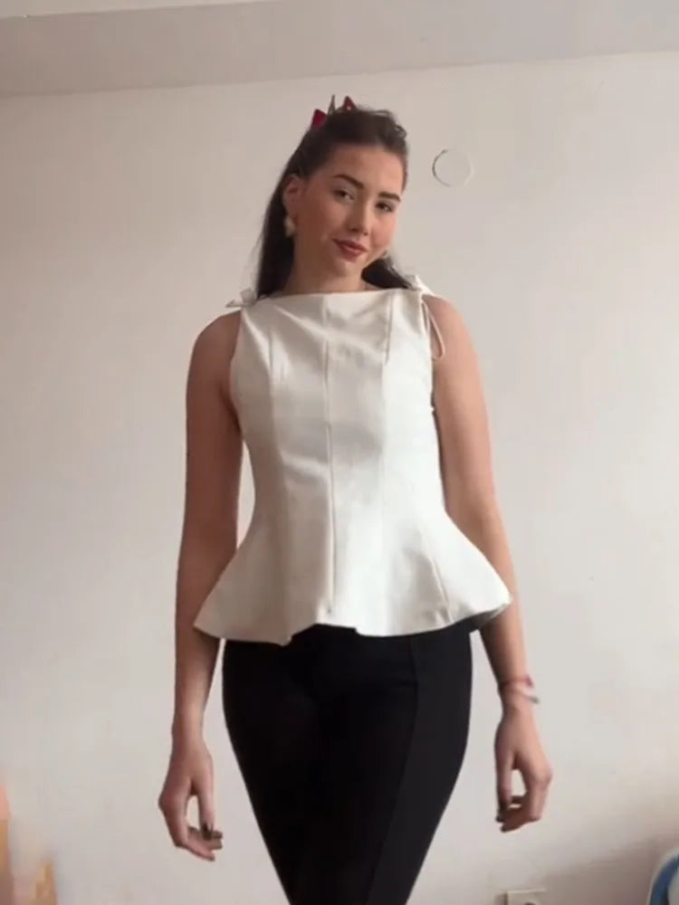 HH Female Summer Streetwear Style Sexy Top O-Neck Solid Sleeveless Bow Decorate Zipper Women's New Fashion Tops 2 Color